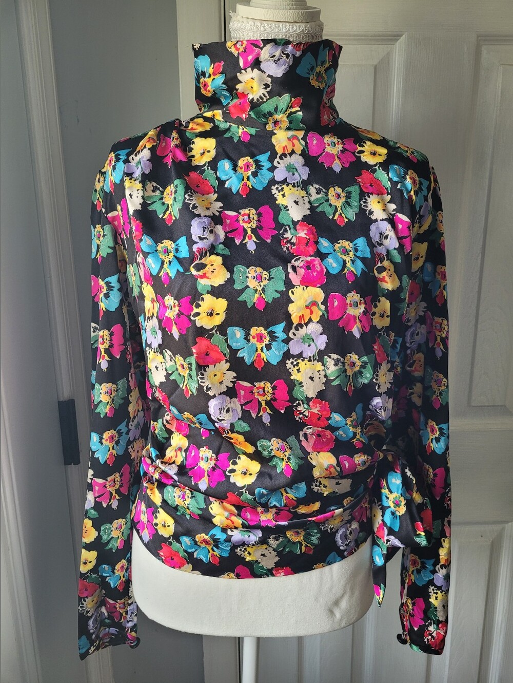 Ungaro Ter Vintage 80s Abstract Floral High Neck Tie Waist Blouse